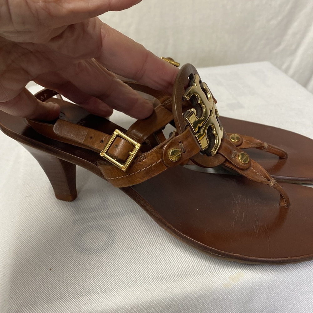 Tory Burch Brown Leather Miller Sandals with Gold Logo - Picture 2 of 5